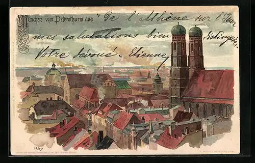 Künstler-AK Heinrich Kley: München, Blick vom Petersthurm auf die Frauenkirche