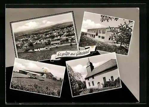 AK Göttschied bei Idar-Oberstein, Ortspartie aus der Vogelschau, Kirche, Flugzeug