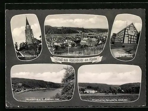 AK Rheinbrohl /Rh., Totalansicht, Kath. Pfarrkirche, Arienheller Sprudel