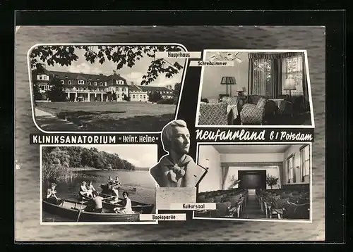 AK Neufahrland bei Potsdam, Blick auf das Kliniksanatorium Heinr. Heine, Kultursaal, Bootspartie