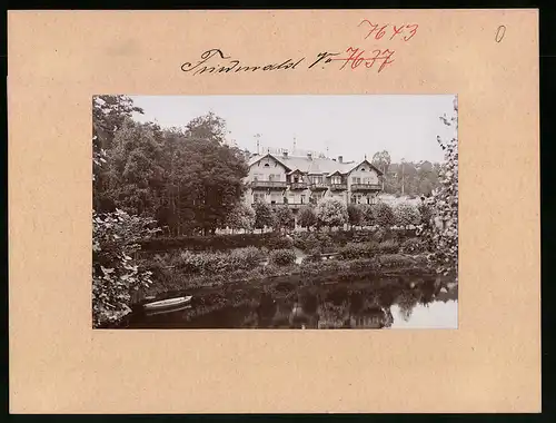 Fotografie Brück & Sohn Meissen, Ansicht Kötzschenbroda, Blick auf das Kurhaus Friedenwald am Teich