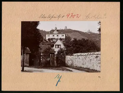 Fotografie Brück & Sohn Meissen, Ansicht Radebeul-Hoflössnitz, Partie am Tor des Winzerhauses, Blick zum Bismarckturm