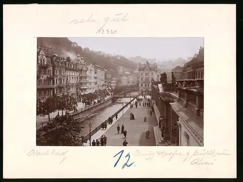 Fotografie Brück & Sohn Meissen, Ansicht Karlsbad, Kreuzstrasse und Mühlbrunnen-Quai, Stadthaus, Geschäfte