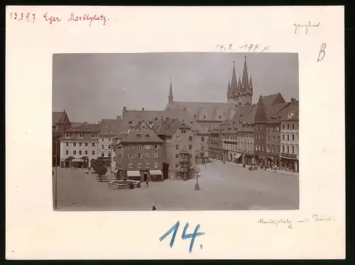 Fotografie Brück & Sohn Meissen, Ansicht Eger, Marktplatz, Geschäfte Willbald Kofend, Ernest Schrödl, Drogerie zum Bären