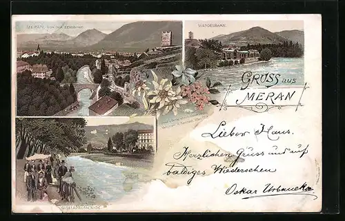 Lithographie Meran, Ortsansicht von der Zenoburg, Giselapromenade, Wandelbahn