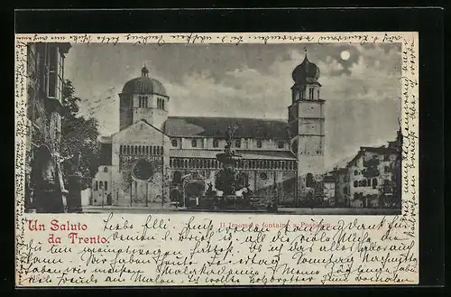 Mondschein-AK Trento, Il Duomo e fontaine a Poseidon