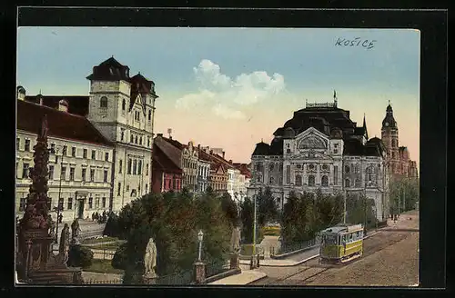 AK Kosice, Jesuitenkirche und Nationaltheater, passierende Strassenbahn