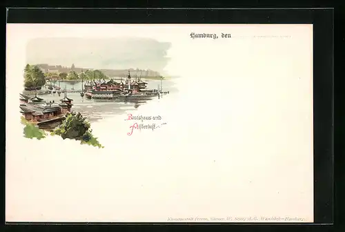 Lithographie Hamburg-St.Georg, Bootshaus und Alsterlust