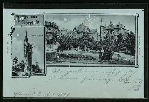 Mondschein-AK Elberfeld, Victoriaplatz, Weyerbusch Thurm