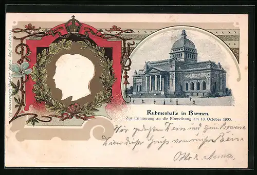 Künstler-AK Barmen, Ruhmeshalle, Erinnerungskarte zur Einweihung 1900, Geprägtes Portrait des Kaiserpaares