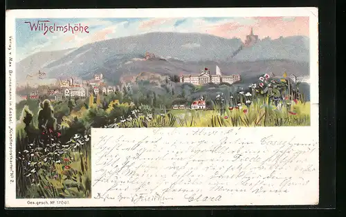 Lithographie Kassel-Wilhelmshöhe, Ortsansicht mit Wiese