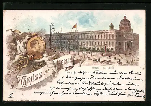 Lithographie Berlin, Königl. Schloss mit Strasse, Kaiserportrait mit Engeln