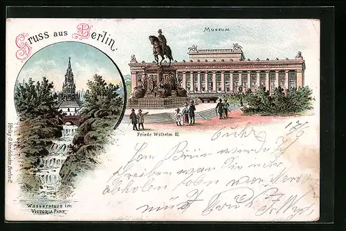 Lithographie Berlin, Denkmal Friedr. Wilhelm III. und Museum, Wasserfall am Victoriapark