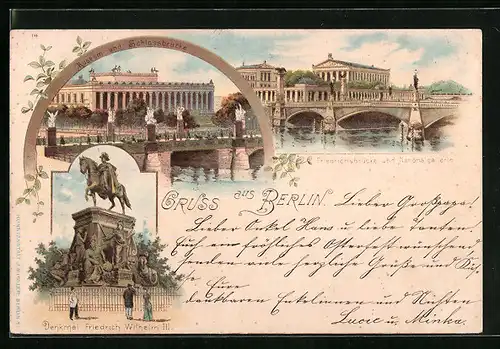 Lithographie Berlin, Friedrichsbrücke und Nationalgalerie, Museum und Schlossbrücke