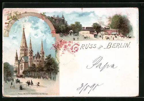 Lithographie Berlin, Kaiser-Wilhelm-Gedächtniskirche, Ortspartie mit Eisenbahnbrücke