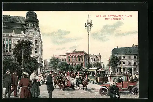 AK Berlin, Potsdamer Platz mit Bahnhof und Strassenbahn