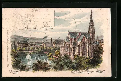 Künstler-AK Friedrich Perlberg: Stuttgart, Johanniskirche mit Feuersee