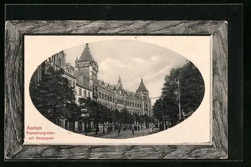 Präge-AK Aachen, Strasse Kapuzinergraben mit Hauptpost, Passepartout