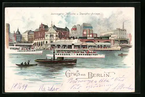 Lithographie Berlin, Jannowitz-Brücke und Dampfer-Anlage