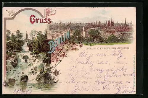 Lithographie Berlin, Teilansicht v. Kreuzberg gesehen, Wasserfall im Victoria-Park