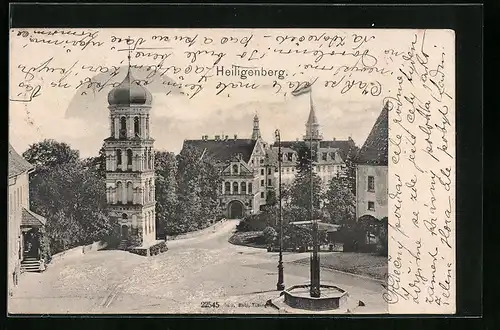 AK Heiligenberg, Ortspartie mit Turm und Brunnen