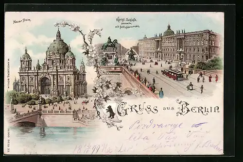 Lithographie Berlin, Königliches Schloss Südseite mit Schlossbrunnen, Neuer Dom