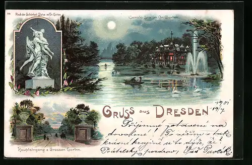 Lithographie Dresden, Carola-See im Gr. Garten bei Mondschein, Raub der Schönheit Statue, Haupteingang