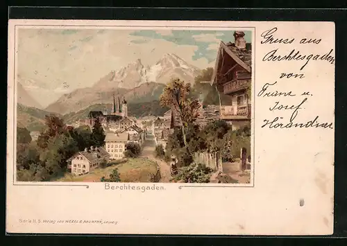 Lithographie Berchtesgaden, Teilansicht mit Strassenpartie