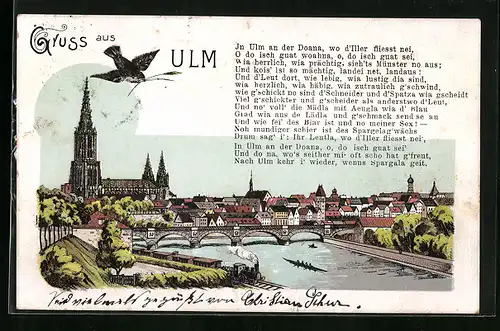 Künstler-AK Ulm a. d. Donau, Teilansicht mit Münster und Brücke