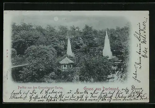 Mondschein-AK Dortmund, Gasthaus Kronenburger Garten mit Fontänen