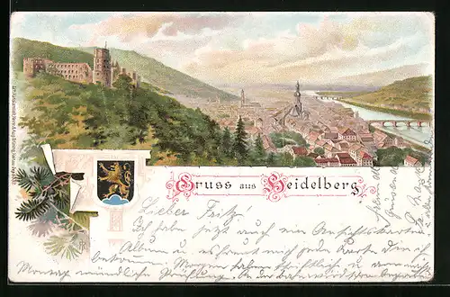 Lithographie Heidelberg, Teilansicht mit Burg