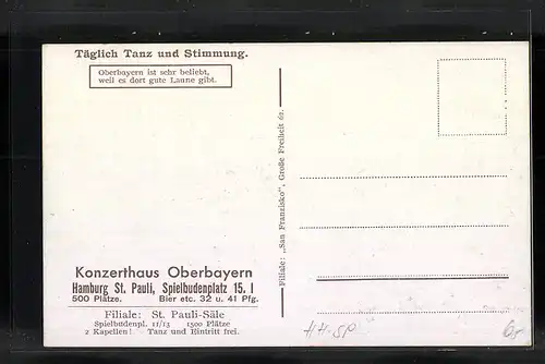 AK Hamburg-St. Pauli, Gasthaus Konzerthaus Oberbayern, Spielbudenplatz 15