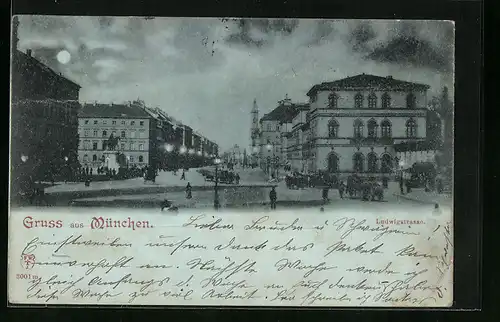 Mondschein-AK München, Ludwigstrasse mit Denkmal