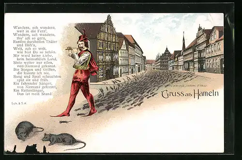 Künstler-AK Hameln, Anno MCCLXXXIV am Dage Johanni et Pauli, Strassenpartie mit Rattenfänger