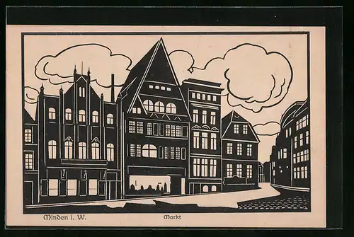 AK Minden i. W., Markt mit Geschäften