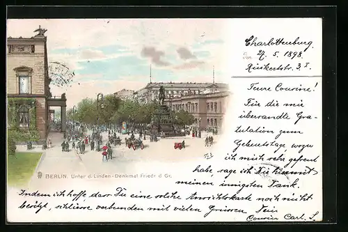 Lithographie Berlin, Unter den Linden mit Denkmal Friedr. d. Gr.