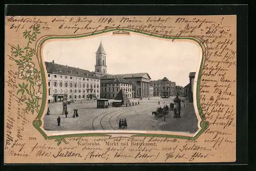 AK Karlsruhe, Markt mit Bezirksamt