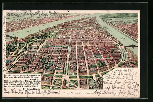 Lithographie Mannheim, Ortsansicht aus der Vogelschau