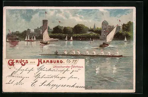 Lithographie Hamburg, Uhlenhorster Fährhaus mit Booten