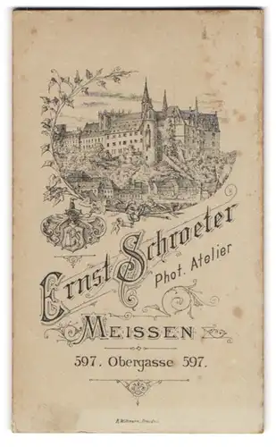 Fotografie Ernst Schroeter, Meissen, Obergasse 597, Schlossansicht mit Efeuranken und Wappen