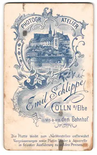 Fotografie Emil Schlippe, Cölln a. Elbe, Stadtansicht mit Brücke und Fluss, Schloss