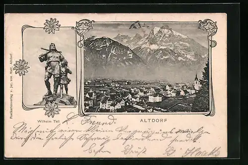 AK Altdorf, Ortspartie vor Bergpanorama, Statue von Wilhelm Tell