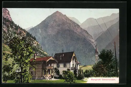 AK Göschenen, Partie mit dem Hotel Bergruh und Kirchturm