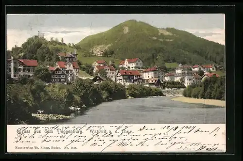 AK Wattwil a. d. Thur, Ortsansicht mit Fluss und Hügeln