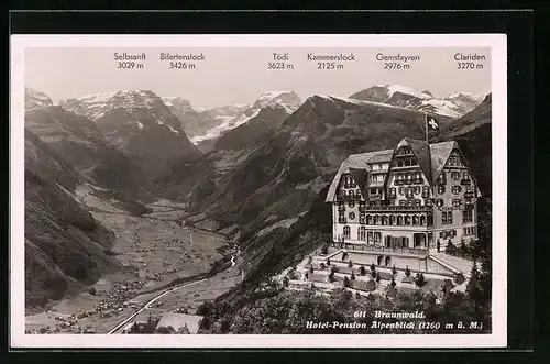 AK Braunwald, Hotel-Pension Alpenblick mit Bergpanorama