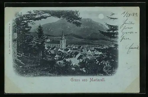 Mondschein-AK Mariazell, Teilansicht mit Kirche