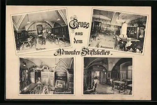 AK Admont, Gasthaus Admonter Stiftskeller, Innenansichten Bauernstüberl, Jubiläumsstüberl und Gastzimmer