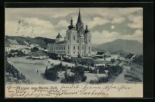 Mondschein-AK Maria-Zell, Blick zur Basilika