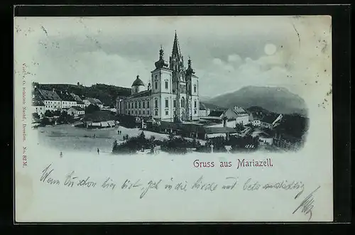 Mondschein-AK Mariazell, Blick zur Basilika