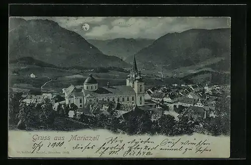 Mondschein-AK Mariazell, Teilansicht mit Kirche